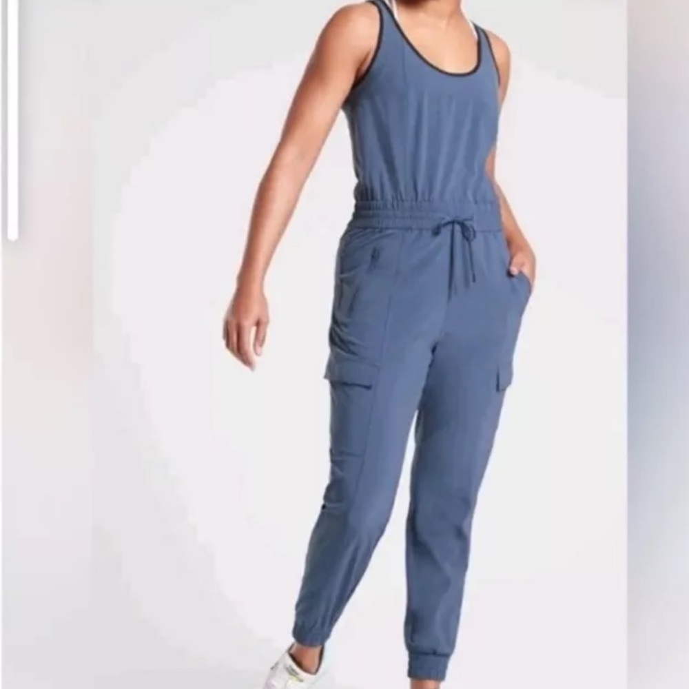 Athleta unbound jumpsuit blue drawstring waist pockets L NWT